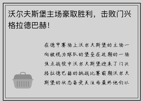 沃尔夫斯堡主场豪取胜利，击败门兴格拉德巴赫！